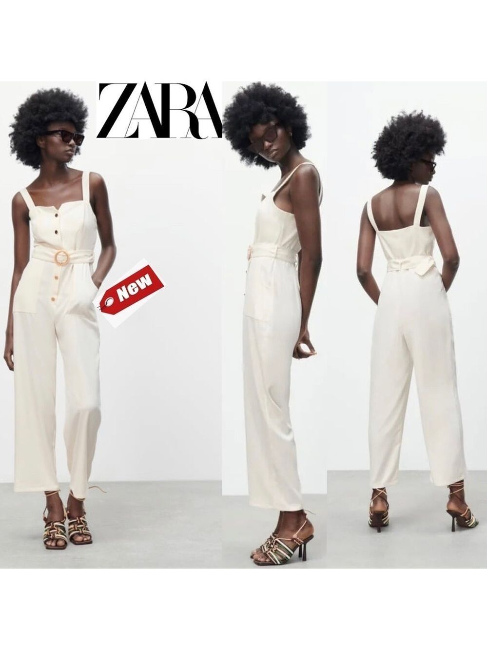 ZARA LONG BELTED SLEEVELESS JUMPSUIT ECRU CREAM Sz L NWT